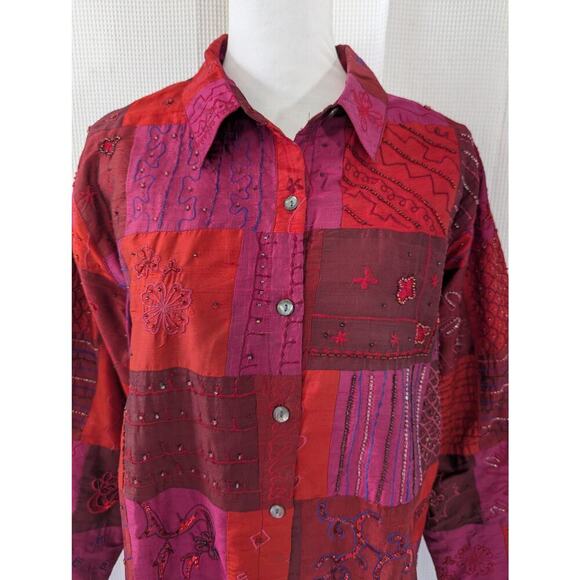 NWOT! CHICO'S! SILK! SHADES OF RED PATCHWORK BEAD/EMBROIDER TOP JACKET! SZ 10/12 - Picture 4 of 10